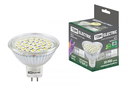TDM ELECTRIC SQ0340-0023 Лампа светодиодная MR16-5 Вт-220 В -3000 К–GU 5,3 SMD TDM